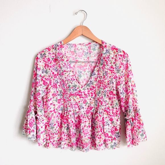 Floral Boho Flowy Gauzy Peplum V Neck 3/4 sleeve S - Picture 1 of 7